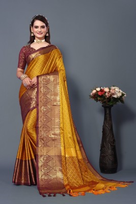 MM VENTURE Self Design Dharmavaram Pure Silk Saree(Yellow)