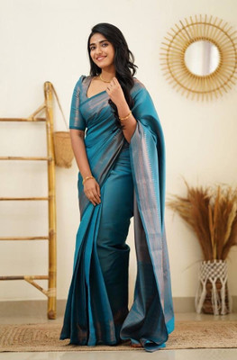 Miren Self Design Banarasi Jacquard Saree(Light Blue)