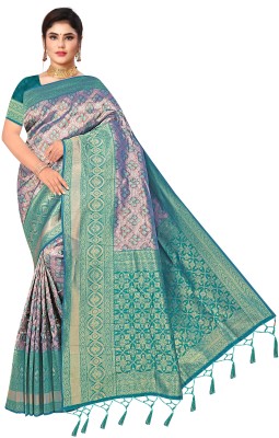 Triyom Fashion Self Design Kanjivaram Silk Blend Saree(Green)