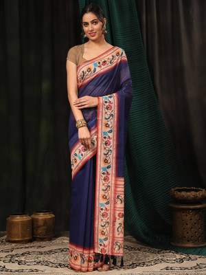 SILK ZONE Digital Print Chanderi Cotton Blend Saree(Dark Blue)