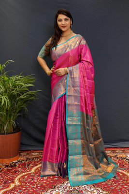 Divastri Embellished, Woven Kanjivaram Jacquard, Silk Blend Saree(Pink)