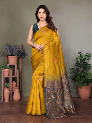 JEEMONJA SALES Woven, Self Design Kanjivaram Pure Silk, Art Silk Saree(Mustard)