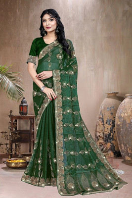 SANSKAR TEXTILE Embroidered, Embellished Bollywood Georgette Saree(Green)