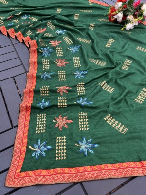 Om Creation Embroidered Bhagalpuri Tussar Silk Saree(Green)