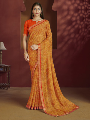 Divastri Floral Print, Geometric Print, Digital Print, Printed Bollywood Chiffon Saree(Mustard)