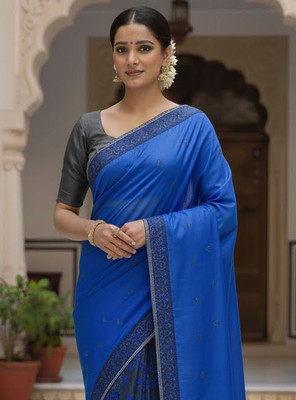 Anugrah Textile Embroidered Banarasi Lycra Blend, Chiffon Saree(Blue)