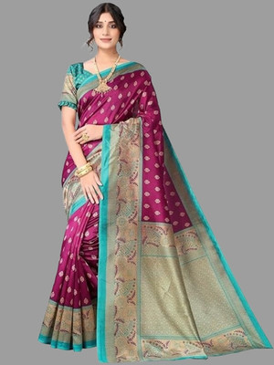 Grubstaker Printed Assam Silk Art Silk Saree(Purple, Green)