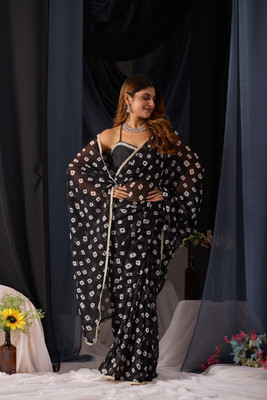 Disha Fashion Printed Bandhani Georgette Saree(Black)