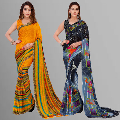 kashvi sarees Printed Daily Wear Georgette Saree(Pack of 2, Yellow, Multicolor)