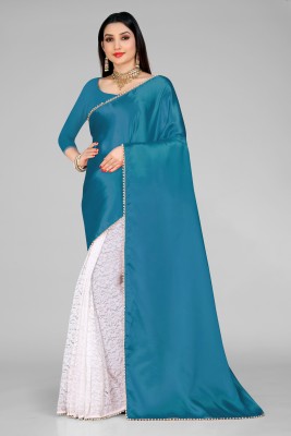 nilkanth Embellished, Solid/Plain Bollywood Satin, Net Saree(Light Blue)