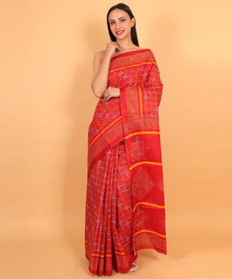 NENU CREATION Printed Bandhani Pure Cotton Saree(Red)