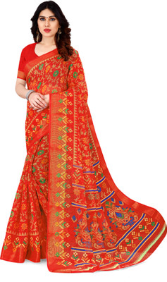 estrella fashion Floral Print Bollywood Cotton Linen Saree(Red)