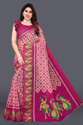 SARETRA MALL Geometric Print Bandhani Cotton Linen Saree(Magenta)