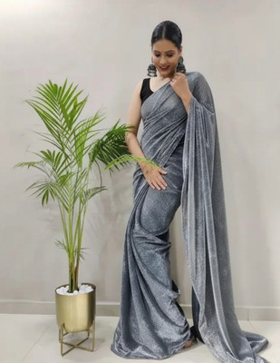 Vragi Solid/Plain Bollywood Lycra Blend Saree(Grey)