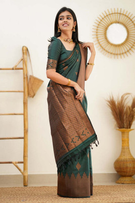 K SALIYA ENTERPRISE Geometric Print Kanjivaram Tussar Silk Saree(Green)