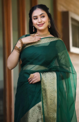 Divastri Solid/Plain Bollywood Organza Saree(Dark Green)