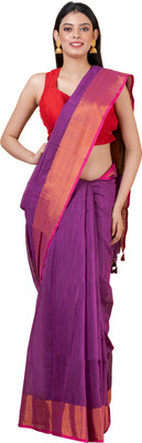 Durga Handlooms Solid/Plain Handloom Cotton Linen Saree(Purple)