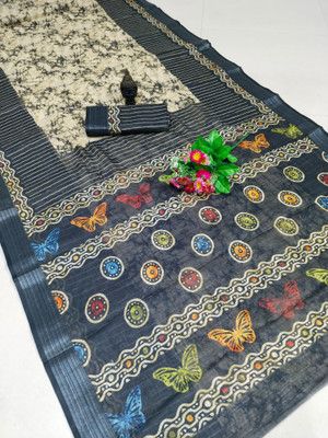 PRTRENDZ Printed Kanjivaram Pure Cotton, Cotton Linen Saree(Black)