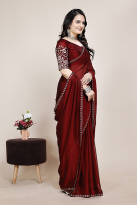 saanvi Solid/Plain, Embroidered Bollywood Art Silk Saree(Maroon)