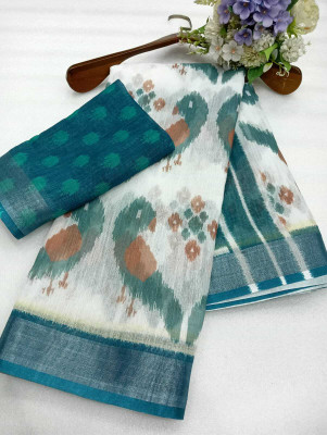 Mervadiya Digital Print Bollywood Linen, Cotton Linen Saree(Light Blue)