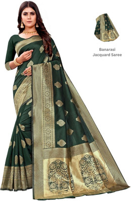 GINNYPRINTS Floral Print, Self Design, Embellished, Woven, Applique Kanjivaram Jacquard, Pure Silk Saree(Green)