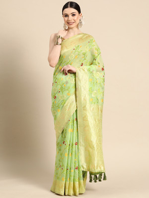 Divastri Woven Jamdani Pure Cotton Saree(Green)