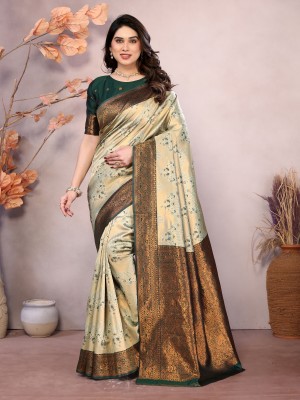 AVANTIKA FASHION Woven Kanjivaram Pure Silk, Art Silk Saree(Cream, Gold)