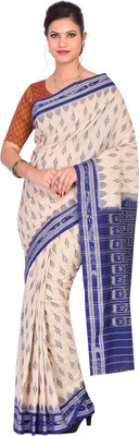 handloom paridhaan Self Design Handloom Pure Cotton Saree(Cream, Blue)