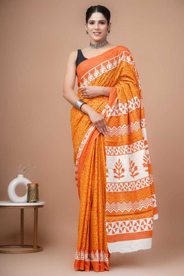 NaiNath Fab Printed Daily Wear Cotton Blend Saree(Orange)