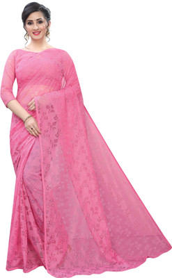 Saadhvi Solid/Plain, Embellished Bollywood Net Saree(Pink)