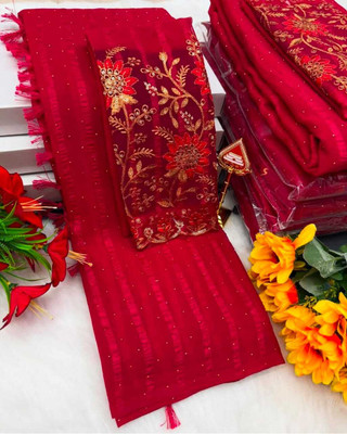 KAKADIYA CREATION Solid/Plain Bollywood Chiffon Saree(Red)