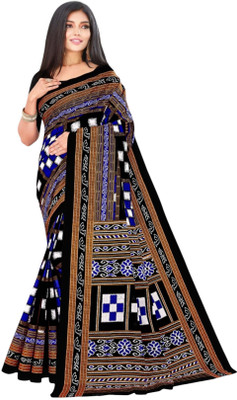 Tareninx Printed Sambalpuri Pure Cotton Saree(Blue)