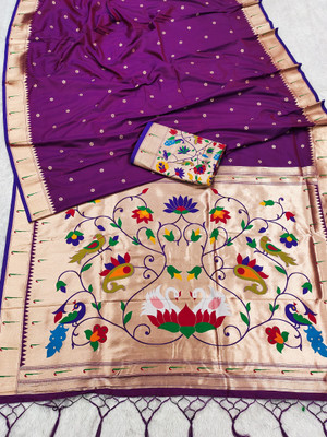 Keswi Fab Printed Banarasi Jacquard, Pure Silk Saree(Purple)