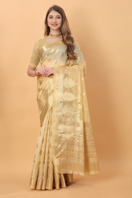 Bansari Textiles Self Design Banarasi Jacquard, Cotton Silk Saree(Cream)