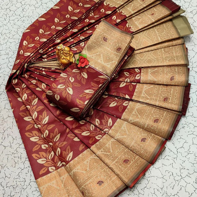 VASTUKALA Woven Kanjivaram Pure Silk, Art Silk Saree(Maroon, Cream)