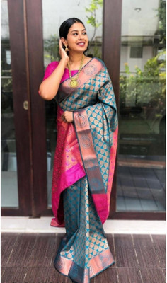 YUHNEBA Woven Kanjivaram Pure Silk, Art Silk Saree(Blue)