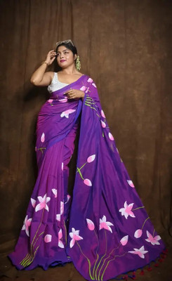 FEMORI Printed Daily Wear Cotton Linen Saree(Purple)