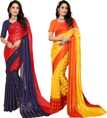 Anand Sarees Striped Bollywood Satin Saree(Pack of 2, Red, Blue, Orange, Yellow)