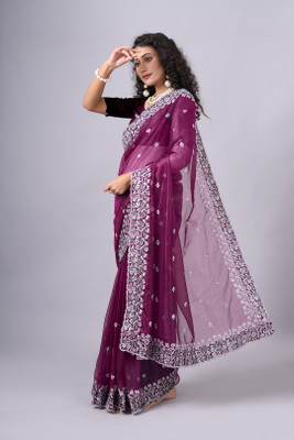 AVM SILK MILLS Solid/Plain Bollywood Net Saree(Maroon)