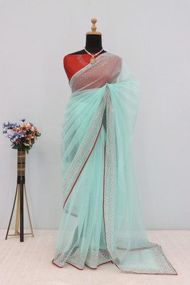 Jennyfab Embellished Bollywood Supernet Saree(Light Blue)