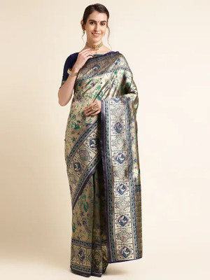 SareeChic Woven Kanjivaram Silk Blend Saree(Dark Blue)