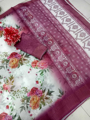 PRTRENDZ Printed Kanjivaram Chanderi, Pure Silk Saree(White, Magenta)