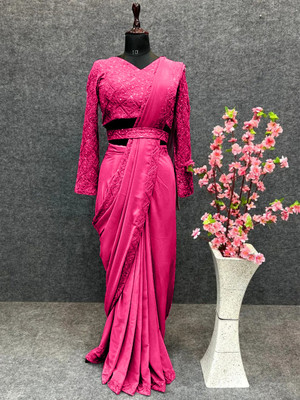 Pionex Embroidered, Solid/Plain Bollywood Chiffon Saree(Pink)