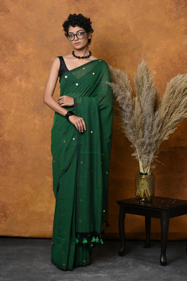Very Much Indian Solid/Plain Handloom Pure Cotton Saree(Green)