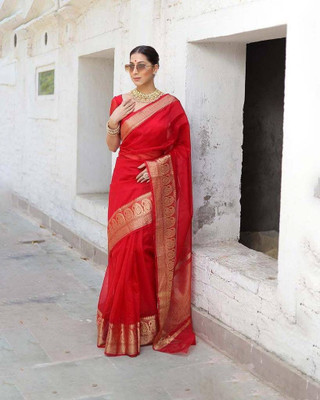 Neel Fashion Self Design Banarasi Silk Blend Saree(Red)