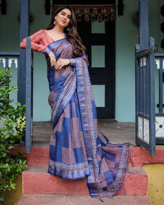 ALMAARI FASHION Digital Print Handloom Cotton Linen Saree(Blue)