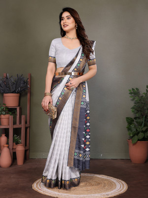 Soor Panchi Self Design Handloom Cotton Linen Saree(White)