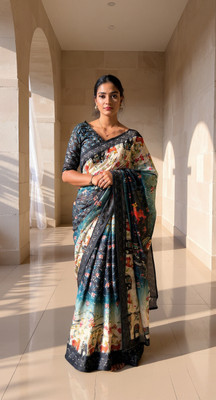 Diks Floral Print Bollywood Cotton Blend Saree(Black)