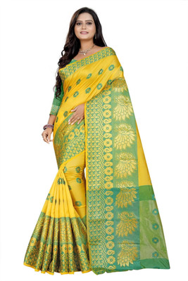 Omsaiarts Woven Kasavu Silk Blend Saree(Yellow)