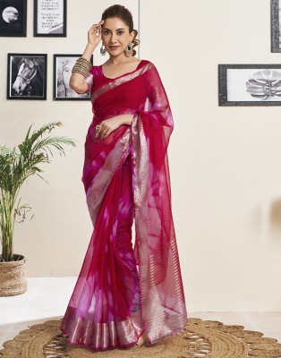 Samah Printed, Woven, Embellished Banarasi Organza, Jacquard Saree(Red, Purple, Gold)